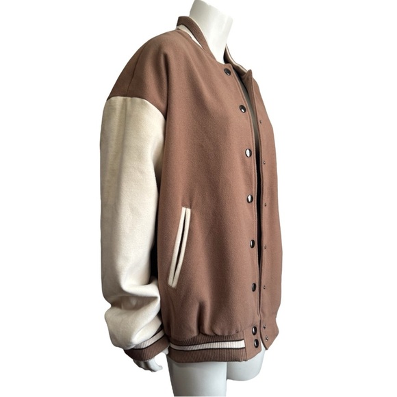 FASHION NOVA Oversized Varsity Jacket Best in Class J Mocha Combo Womens Small - Picture 6 of 17